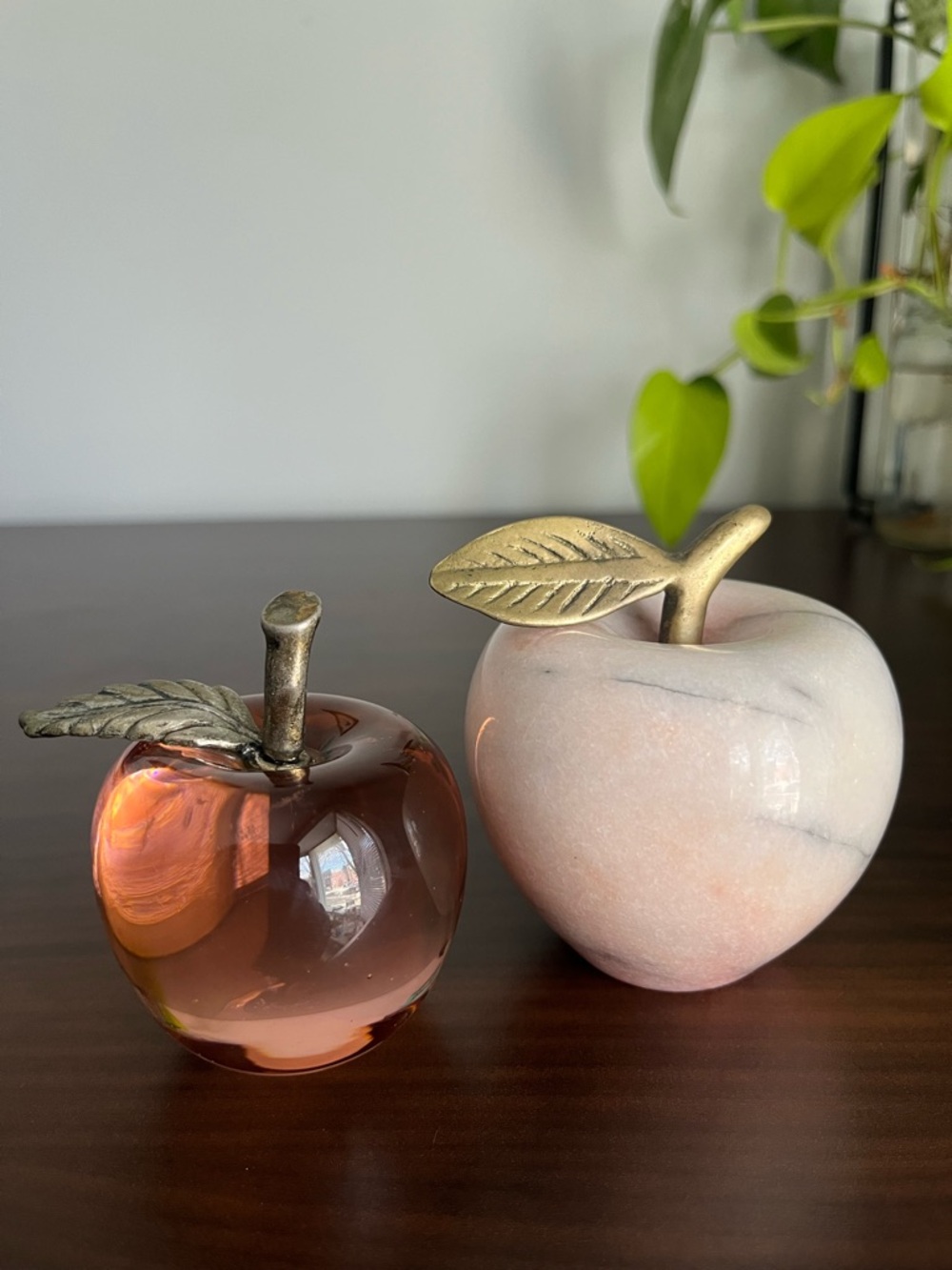 Vintage Decorative Apples. Marble, Amber Glass with Brass Gold Leaf, paperweight